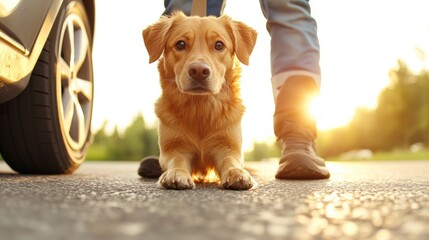 Wall Mural - A dog standing next to a car with its owner, AI