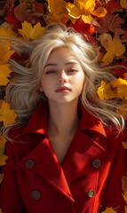 beautiful woman in red coat laying on top of autumn leaves