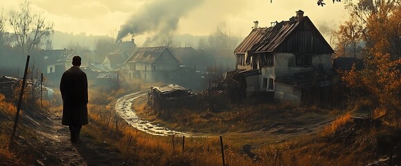 A lone figure walks down a dirt road towards a deserted village with smoke rising in the distance.