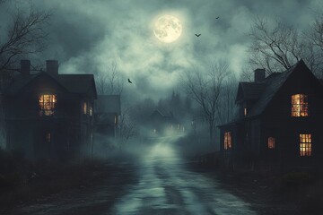 3D illustration of a Halloween concept background of realistic horror house and creepy street with moonlight