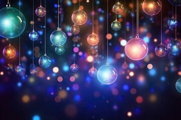 Christmas Background With Colorfuly Glowing Ornaments, Baubles, Globes