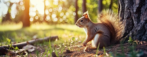 Wall Mural - Happy red squirrel in park during summer.