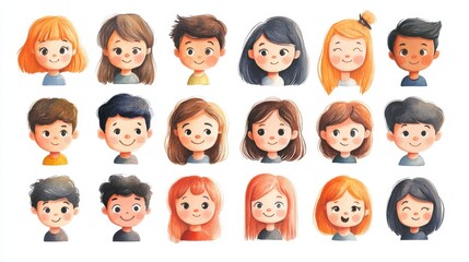 Cute cartoon human faces collection on white background. Cartoon faces set