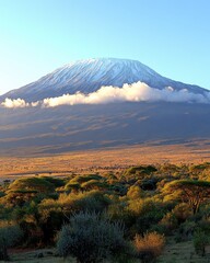 Wall Mural - Breathtaking View of Snow-Capped Mount Kilimanjaro in Africa Amidst Vast Open Plains and Luxurious Greenery Under Clear Blue Skies