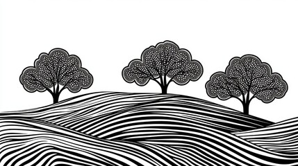 Illustration of undulating fields with clusters of trees in line art