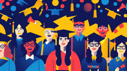 Wall Mural - Graduates in caps and gowns celebrate their achievements with colorful decorations and smiles during a graduation ceremony