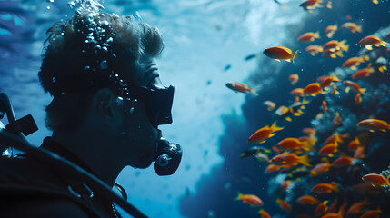 Wall Mural - Scuba diver's profile with fish swimming inside and coral reef backdrop