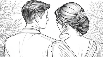 AN illustration of a pair walking hand in hand in the background of a wedding scene, with the man gazing at a woman whose face remains hidden