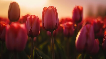 Canvas Print - Pink Tulip Field at Sunset