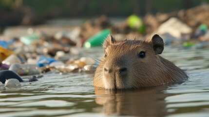 Poster - A beaver swimming in a river with plastic bottles floating around, AI