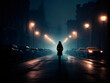 © PhotosAndGeometric - Silhouette of a single woman walking alone at night, dark noir city streets dim lights of lamps