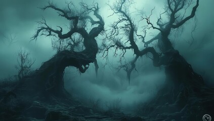 halloween woods with misty atmosphere and twisted trees horror concept illustration