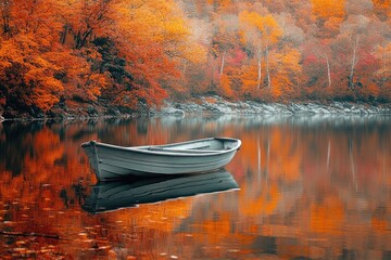 Serene rowboat reflected in an autumn lake, surrounded by colorful fall foliage, portraying a tranquil outdoor adventure