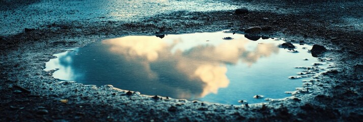 Serene sky after rain reflecting in a puddle with space for text