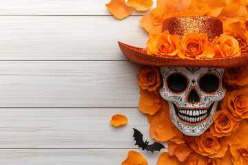 A decorative skull adorned with bright orange roses and a glittery hat, placed on a white wooden background. Holidays like Día de los Muertos or Halloween.