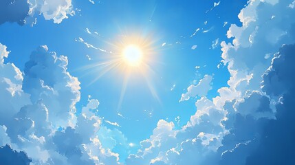 The sun beams through fluffy clouds, painting the sky a bright blue. It's a beautiful sunny day with wispy clouds floating across the sky.