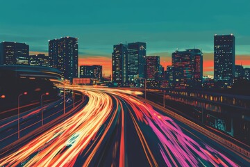 Wall Mural - The nighttime lights of a city illuminate the traffic in this line art illustration