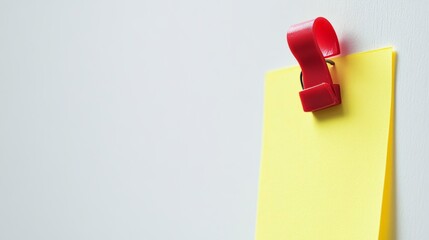 White backdrop with yellow sticky note and red clamp