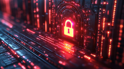 Digital padlock icon with glowing light effects on laptop computer and cyber security concept background, online data protection technology banner or web design element