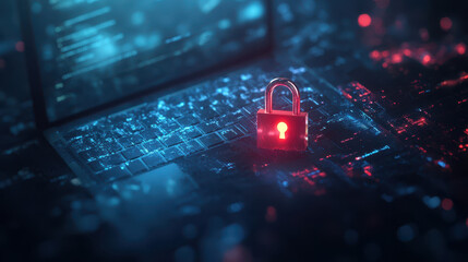 Digital padlock icon with glowing light effects on laptop computer and cyber security concept background, online data protection technology banner or web design element