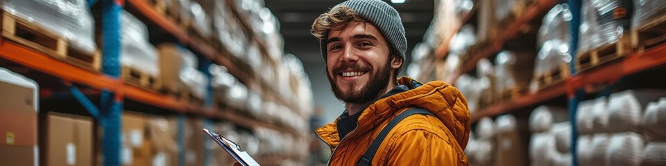 Wall Mural - A warehouse worker with a tablet in hand taking notes, against a backdrop of a lighted warehouse