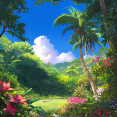 Tropical jungle scenery. Styled like an anime or game background. Blue sky, sunset, sunrise, night, fog, snow, rain, cloudiness, autumn leaves, etc.