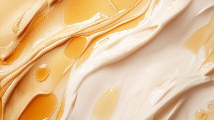 Experience luxurious cosmetic textures blending into elegant swirls, perfect for beauty, skincare, and spa. Cream, oil, and drops in soothing white and yellow create abstract macro backgrounds