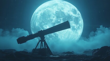 Wall Mural - A telescope points towards a bright, full moon in the night sky, with clouds and stars in the background.