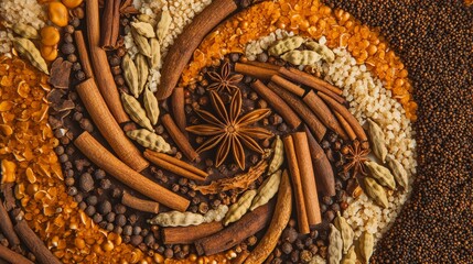 Aromatic spiral of whole spices in rich colors and textures, inviting viewers to savor culinary delights