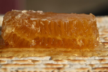 Jewish matzah with honey and honeycomb, close-up photo