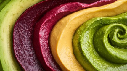 Closeup of colorful hummus swirls creating an appetizing food background with vibrant colors. Different flavors of hummus are arranged together