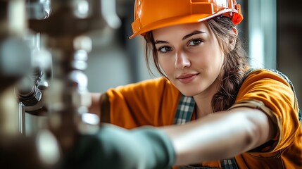 Female construction worker wearing safety helmet in an industrial setting