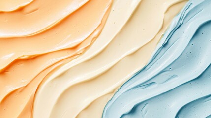 creamy skincare product in blue, yellow and orange creating a wavy pattern, suggesting a nourishing 