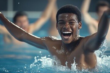 Excited young man celebrating in a swimming pool with friends