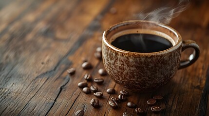 A warm stock photo featuring a close-up of a steaming cup of freshly brewed coffee in a rustic ceramic cup.