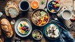 © TheseusStock - A cozy stock photo showing a top view of a rustic breakfast spread, featuring freshly baked bread, a bowl of granola, fruits, and a cup of coffee.