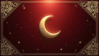 Golden Crescent on Maroon Background Luxurious maroon backdrop with golden Islamic patterns and a brightly glowing crescent moon