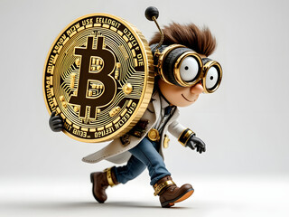 Scientist character carrying Huge Gold Bitcoin futurist time traveling person on a white background 