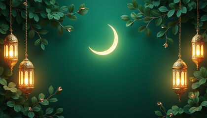 Emerald Green with Golden Lanterns Emerald green background with golden lanterns and a softly glowing crescent moon