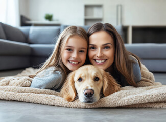 Happy mother and daughter with a cute golden retriever puppy under a blanket on the floor