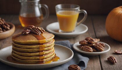 Wall Mural - plate of pumpkin pancakes with pecans and maple syrup on top