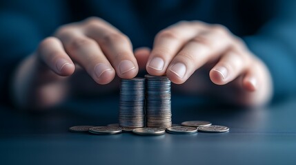 Wall Mural - Hands stacking coins into small piles on a dark surface