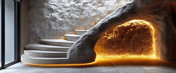 Wall Mural - Modern staircase with a cave-like entrance, illuminated with warm light.