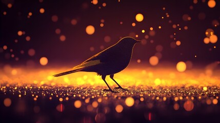 Bird glowing brightly with dotted lights on ground picture