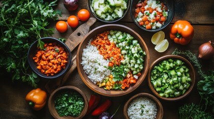 Aerial Perspective of a Table Set with Rice and Fresh Vegetables