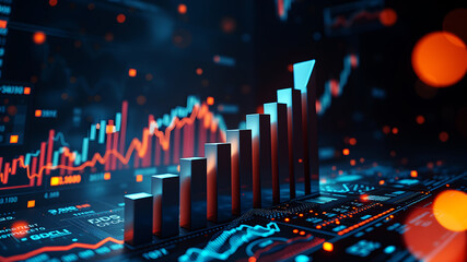 Wall Mural - A 3D bar graph rising sharply upward, surrounded by glowing data charts and financial metrics floating in space