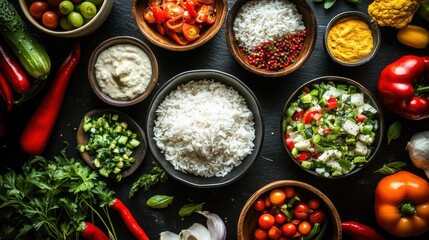 Aerial View of a Black Table with Rice, Fresh Vegetables, Spices, and More