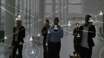 Canvas Print - Animation of network of connections with people icons over diverse business people at airport