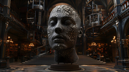 Writer's face constructed from letters and library interior setting 