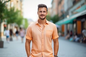 A man in an orange shirt stands on a sidewalk in front of a green awning